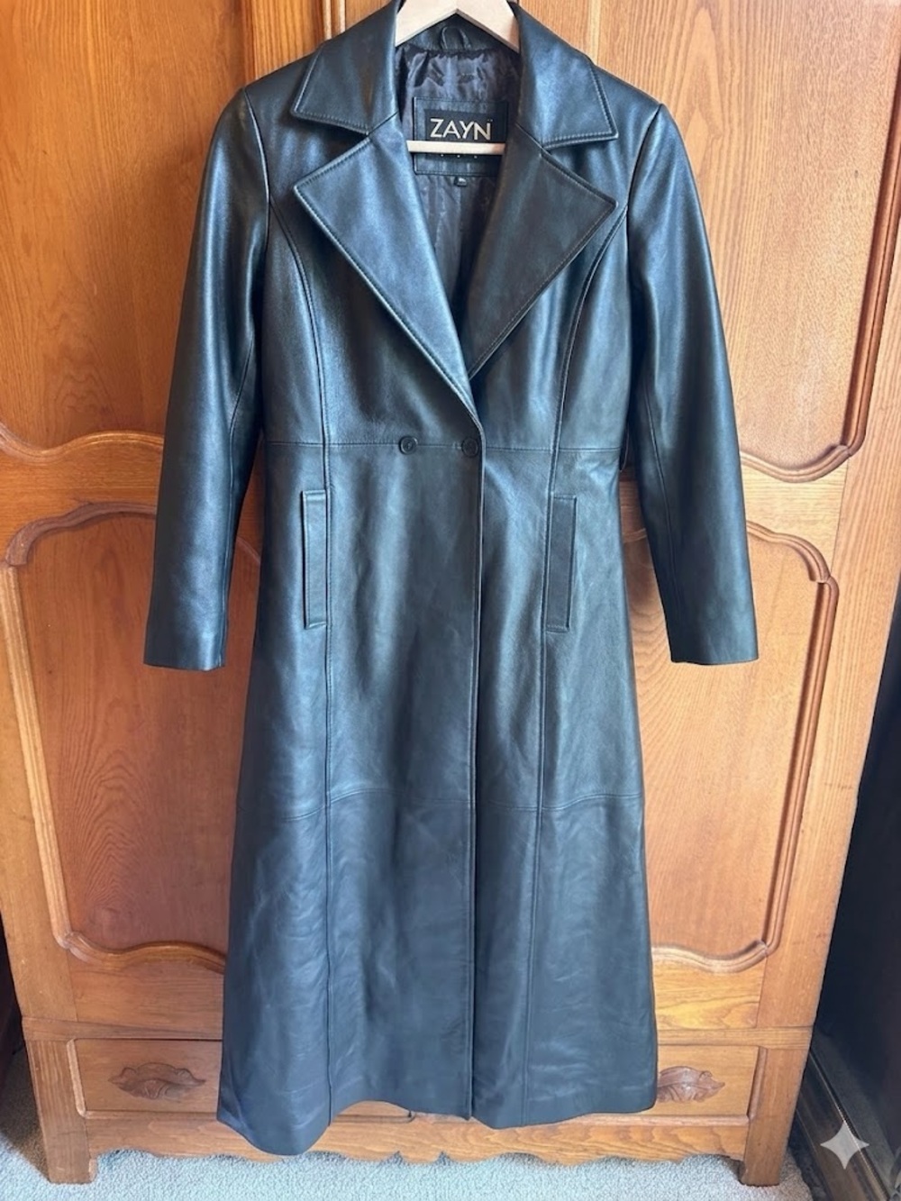 Vintage Zayn Black Long Leather Trench with Wide Collar